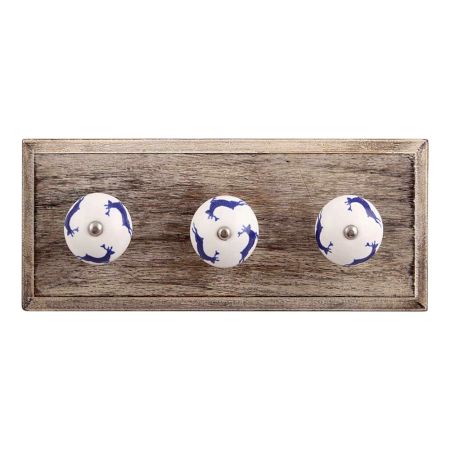 Blue Running Rein Deer Pattern Ceramic Wooden Hooks